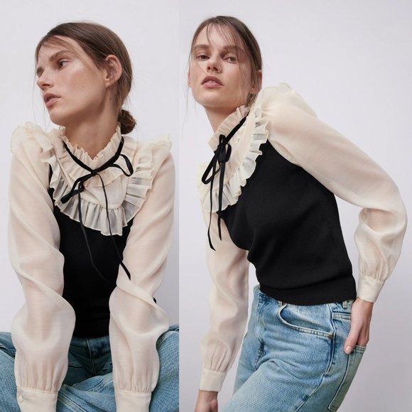 NEW Zara Contrasting Organza Ruffle Sweater Top S - Picture 5 of 11